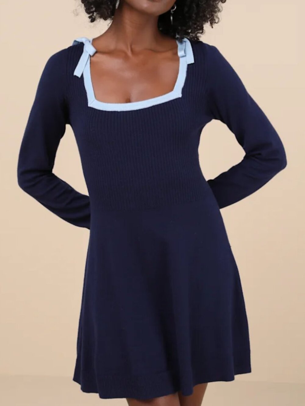 Lulus Perfect Outcome Navy Long Sleeve Sweater Mini Sweater Dress with Bows